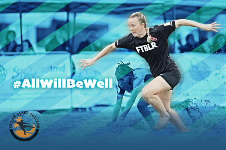 female sand soccer playter on blue background with the phrase All will be well