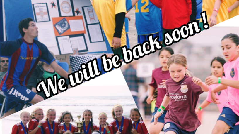 collage of sand soccer images with the phrase We will be back soon in the center
