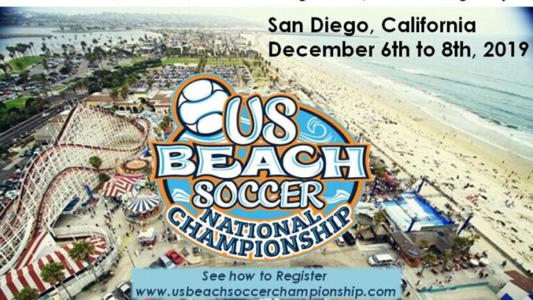 Us Beach national soccer championship logo over image of San Diego beach