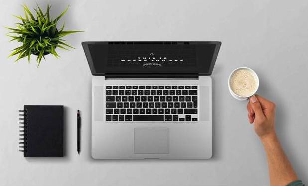 picture of a laptop on a desk with a plant and a person reaching for a coffee cup